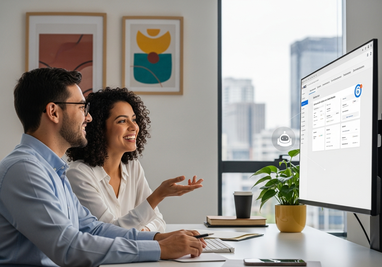 Dois analistas de RH brasileiros trabalhando juntos em um software de gestão de pessoas integrado, com interface amigável.