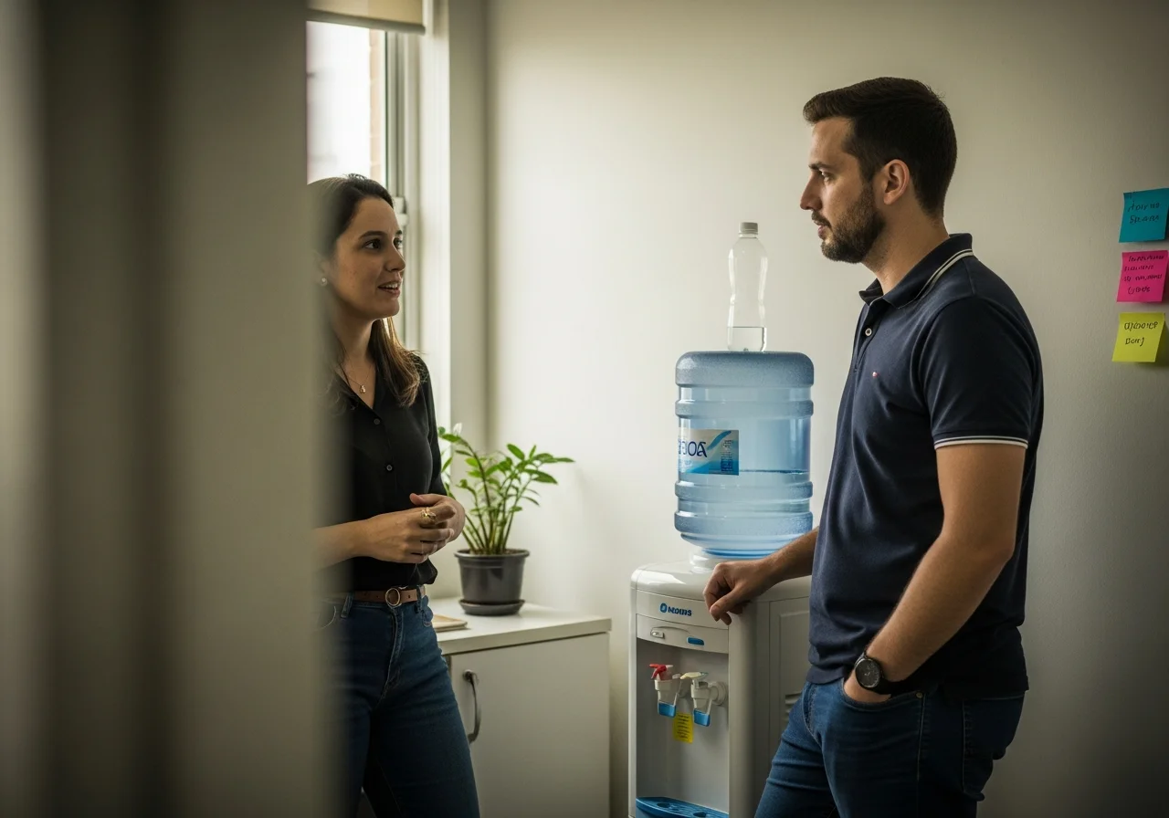 Dois colegas conversando casualmente perto de um bebedouro no escritório