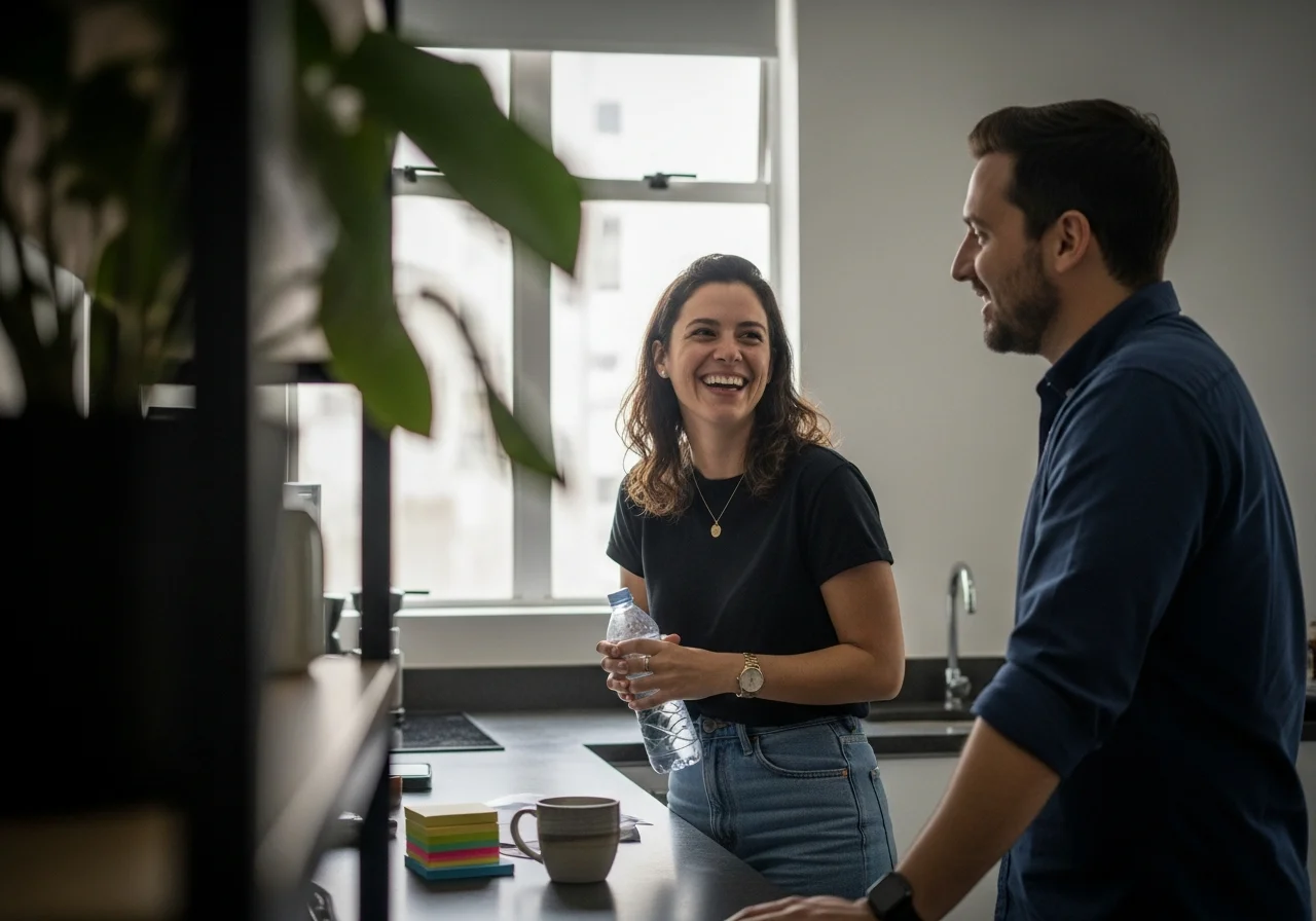Dois colegas conversando em uma copa de escritório, um deles rindo enquanto o outro escuta com um sorriso.
