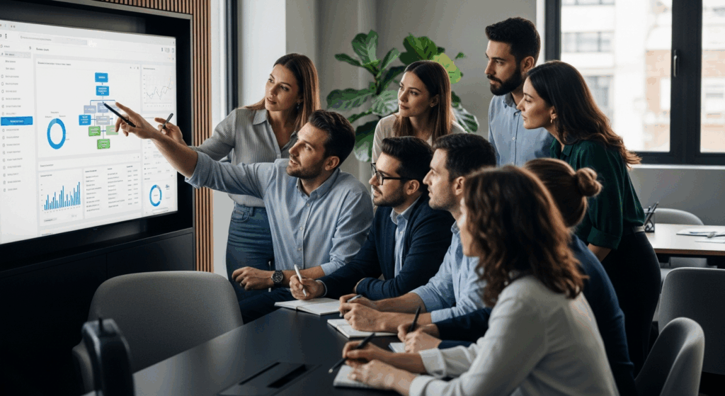Equipe de RH brasileira colaborando em frente a um monitor com gráficos de desempenho e fluxos de trabalho.