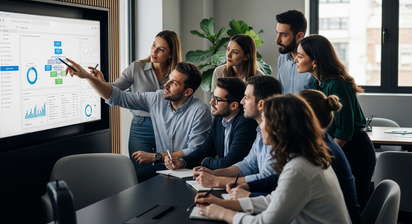 Equipe de RH brasileira colaborando em frente a um monitor com gráficos de desempenho e fluxos de trabalho.