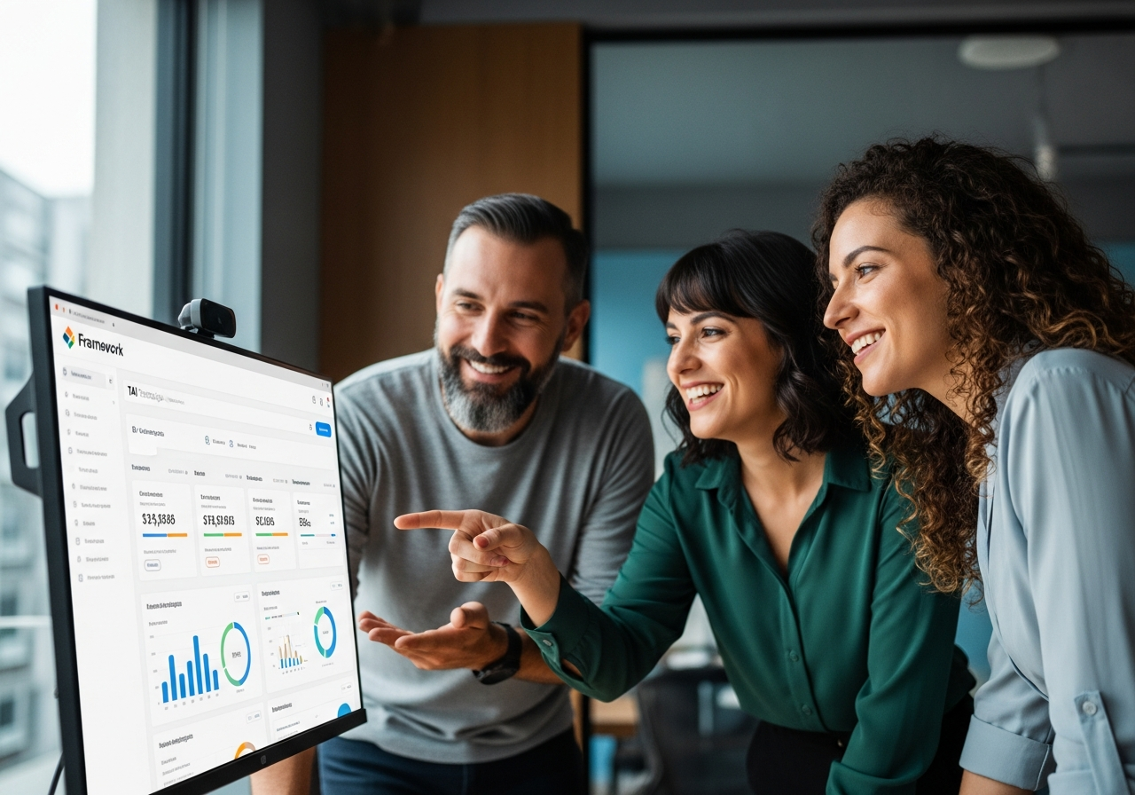 Equipe de RH brasileira sorrindo enquanto revisa dados em um painel de controle da TAI Tecnologia em um grande monitor