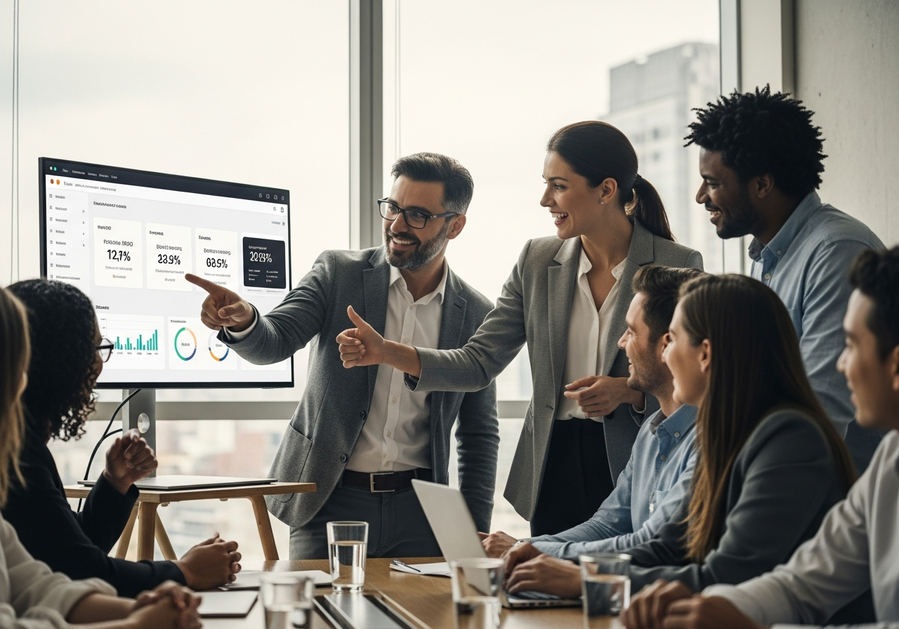 Executivos brasileiros celebrando a redução de retrabalho e o ROI positivo em uma reunião, olhando para gráficos de resultados.