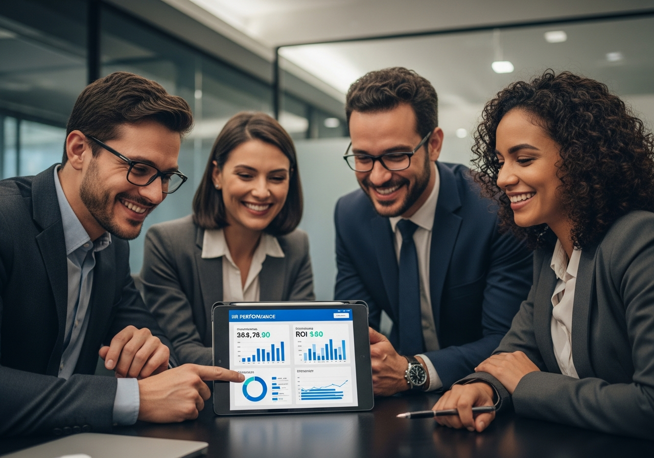 Executivos brasileiros satisfeitos analisando dados de RH em tablet, com gráficos de ROI e melhoria de desempenho.