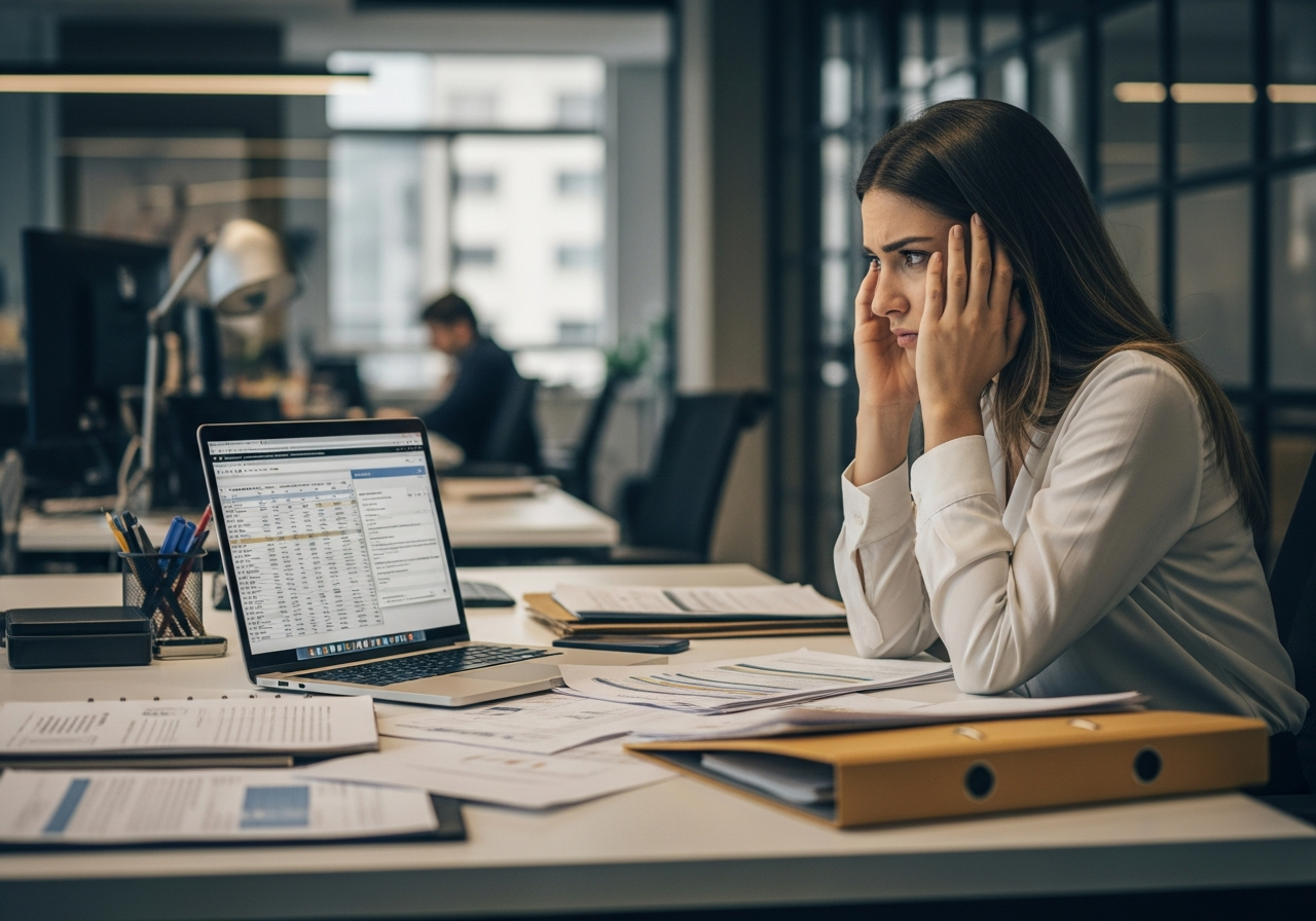 Gerente de RH brasileira estressada com pilhas de documentos e planilhas abertas, representando o retrabalho.