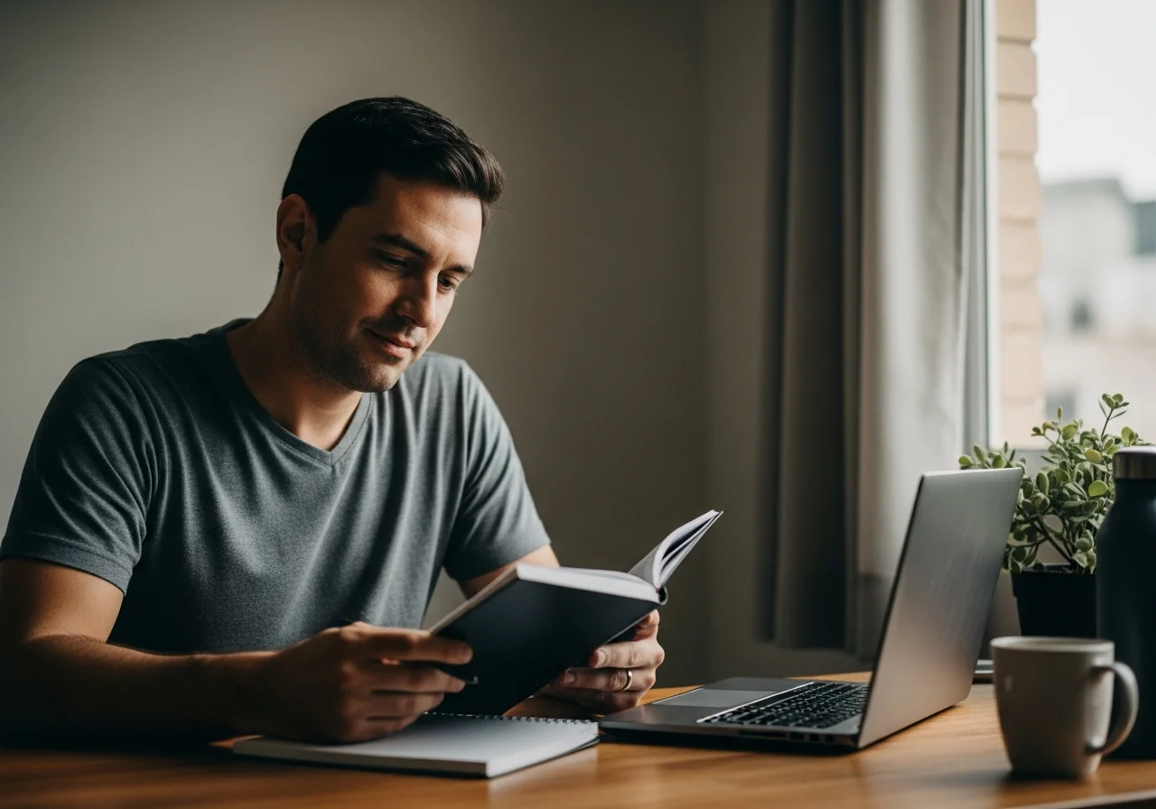 Homem em um escritório, olhando pensativamente para um caderno com um laptop fechado ao lado.