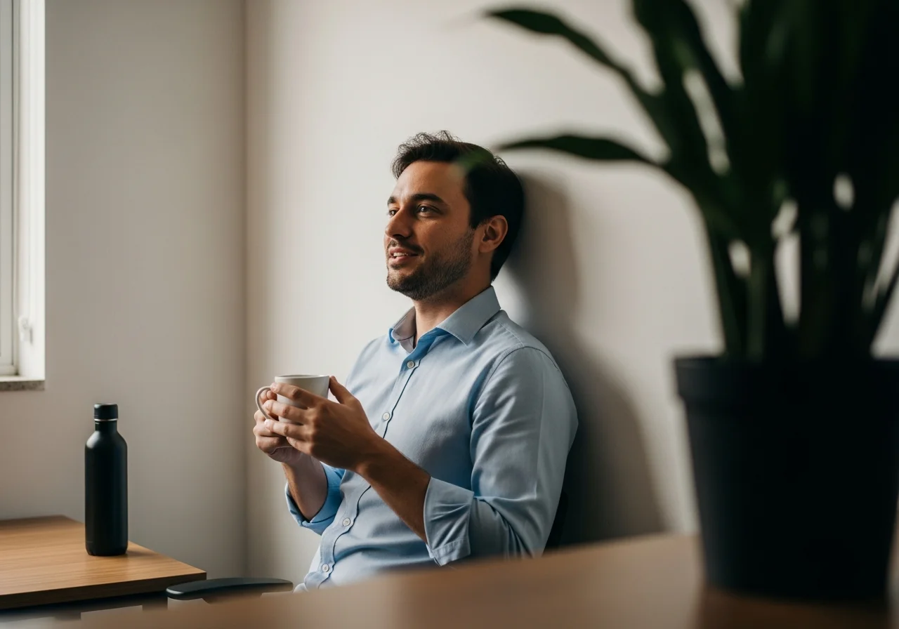 Homem encostado na parede do escritório, sorrindo para um colega, com uma caneca de café na mão.