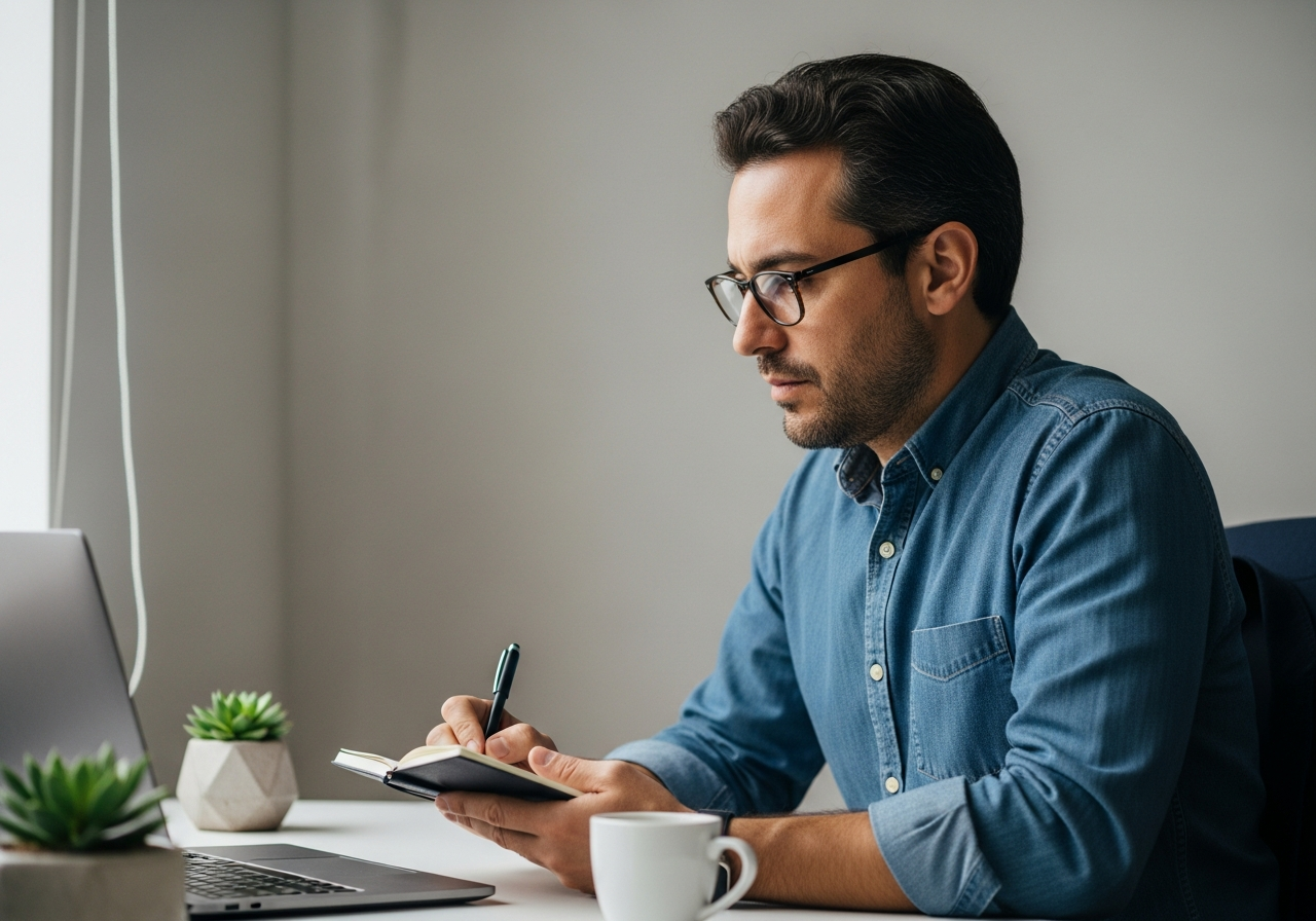 Homem fazendo anotações em um caderno ao lado de um laptop, representando a integração de IA no trabalho diário.