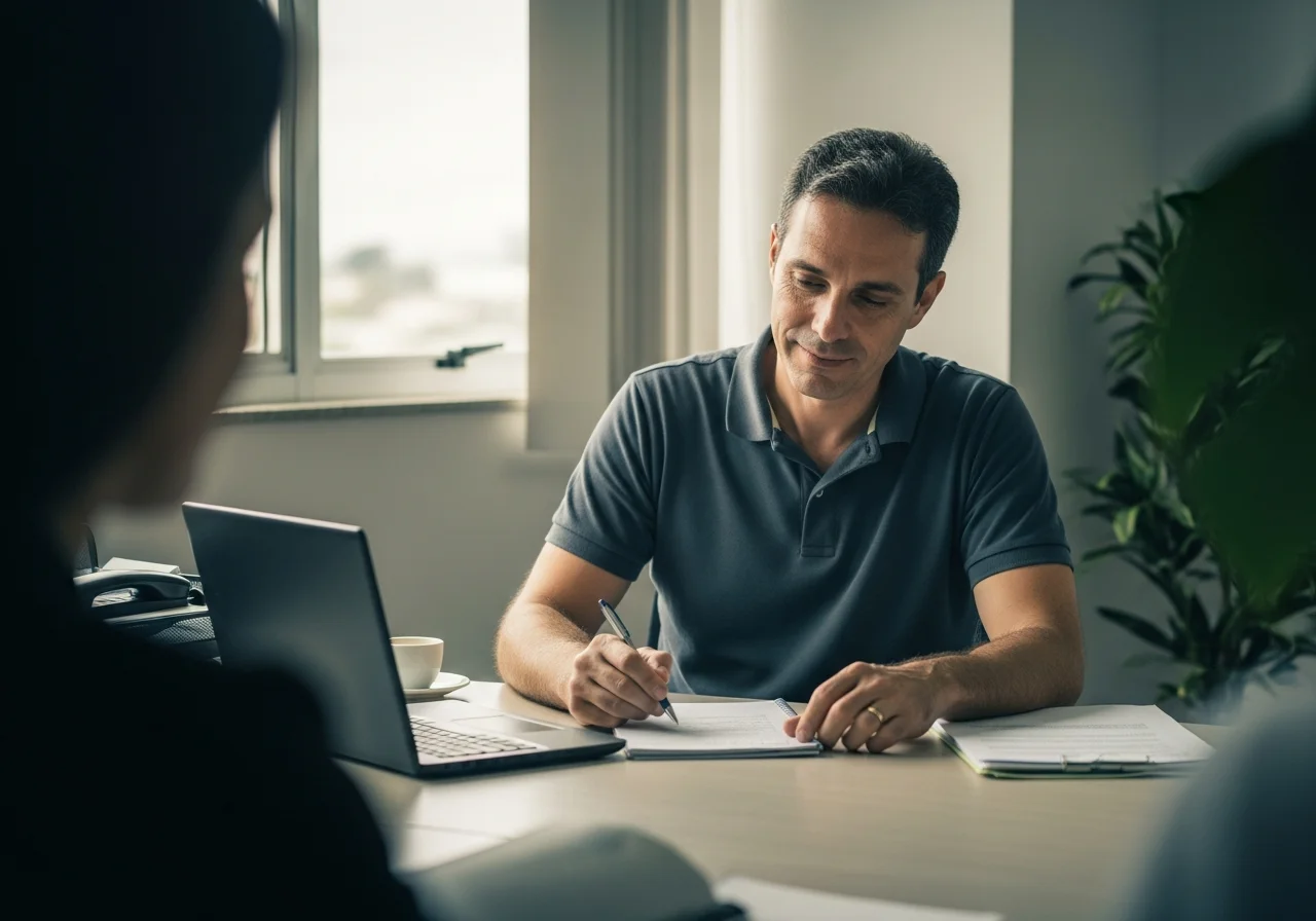 Homem revisando documentos em um bloco de notas em um canto tranquilo do escritório