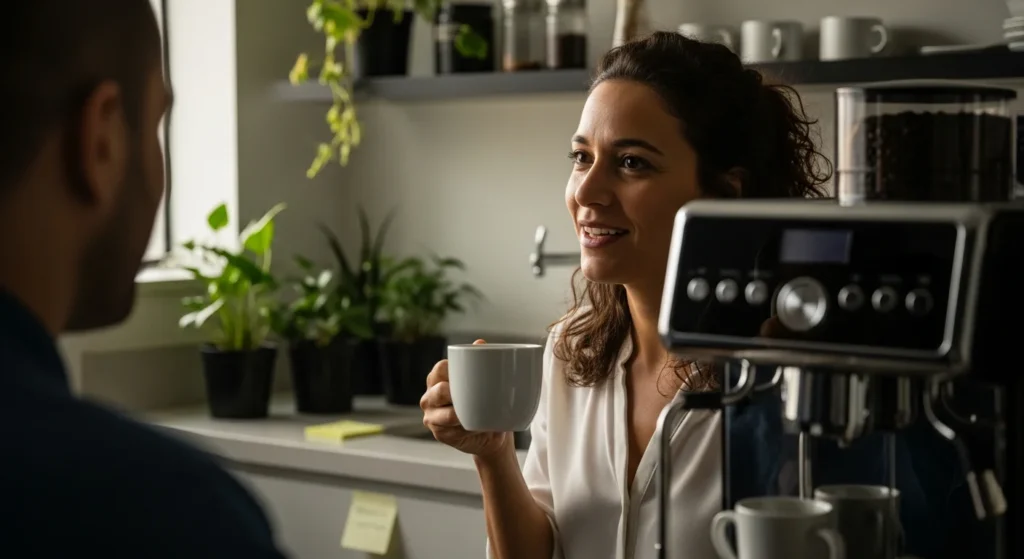 Mulher brasileira em uma copa de escritório, sorrindo casualmente enquanto segura uma caneca de café, ouvindo um colega.