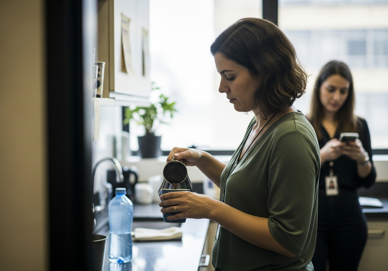 Mulher servindo café em uma caneca na copa de um escritório, com uma colega ao fundo olhando o celular.