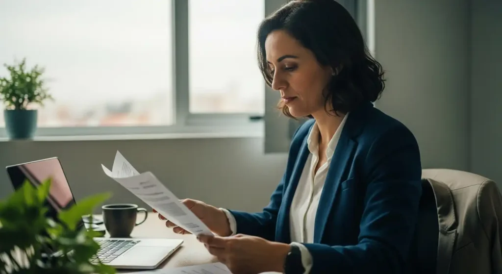 Uma mulher, gerente de logística, revisando um documento impresso em sua mesa, com um laptop fechado ao lado e uma xícara de café.